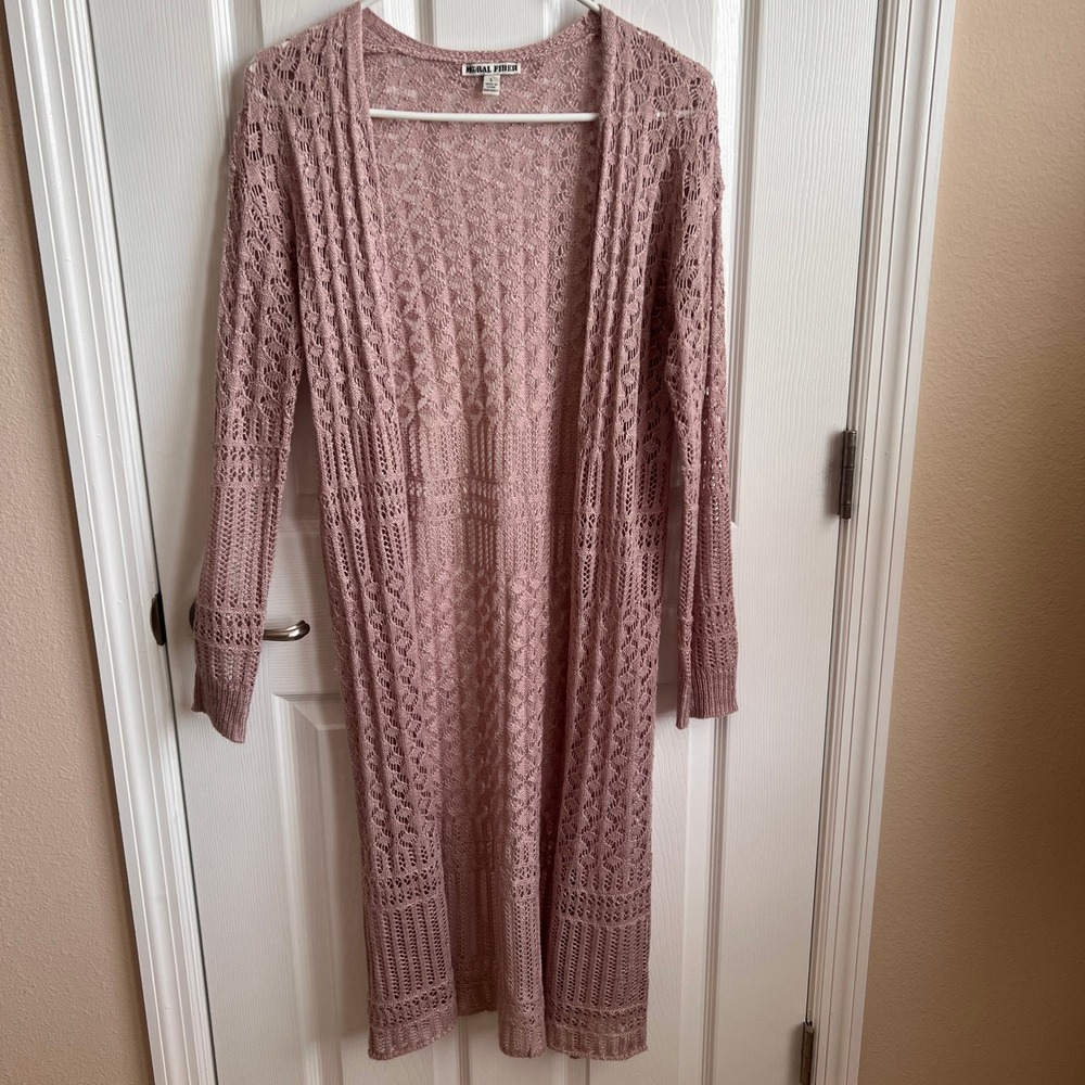 Moral Fiber Duster Cardigan Open Knit Lightweight Cover Up Pink Large‎